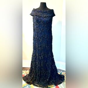 Xscape midnight blue embroidered lace, off-the-shoulder, formal gown, 18W; NWT